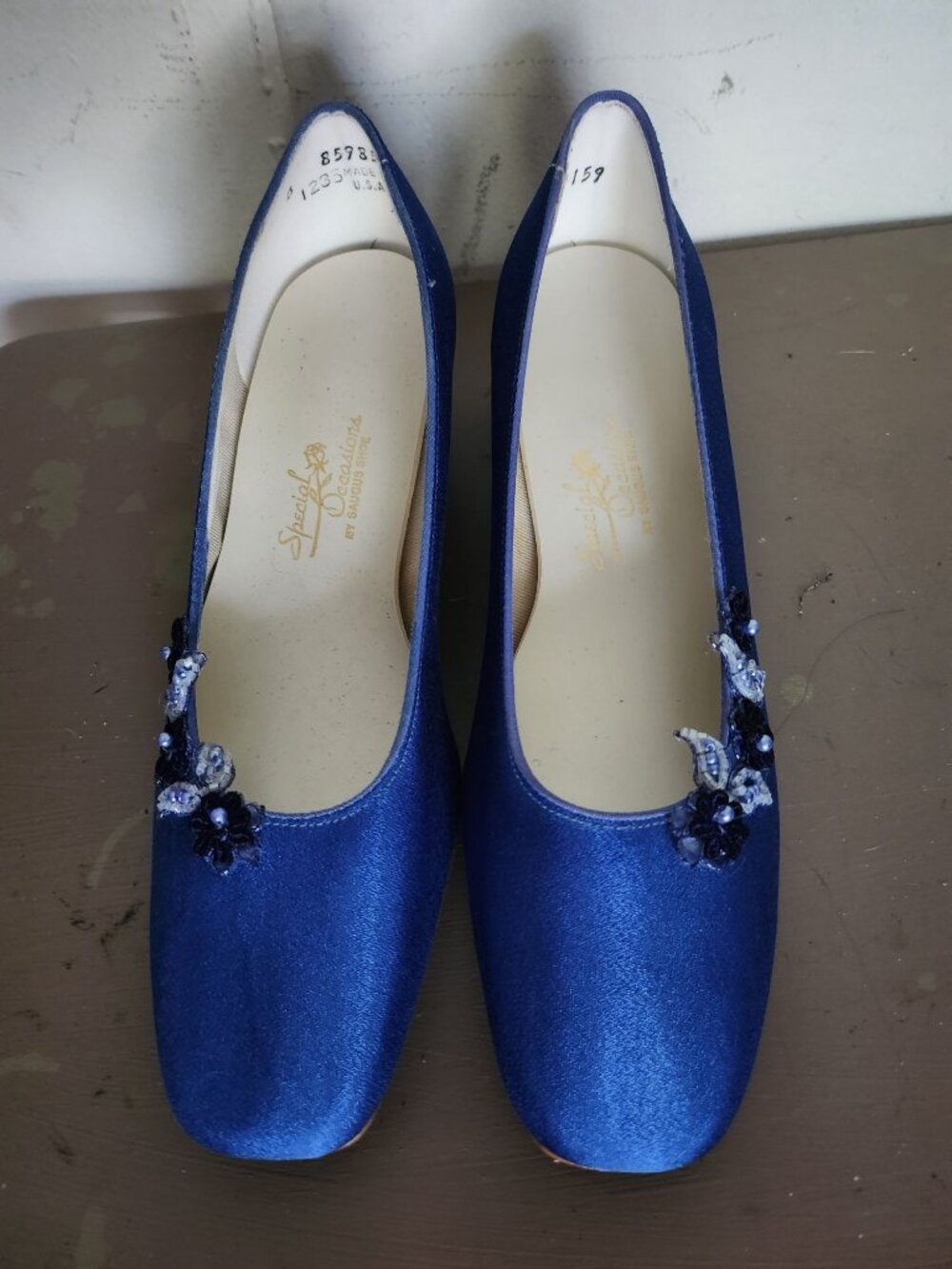 Special Occasions By Saugus Blue Satin Heels 8.5 B With Beaded Floral Accents